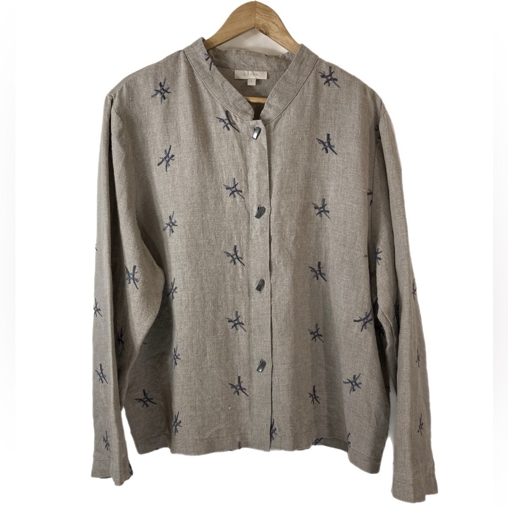 J.Jill beige embroidered long sleeve 100% linen button up blouse